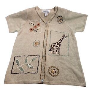 Simply Susan Giraffe Floral Embroidered Short Sleeve Cardigan Sweater Beige S